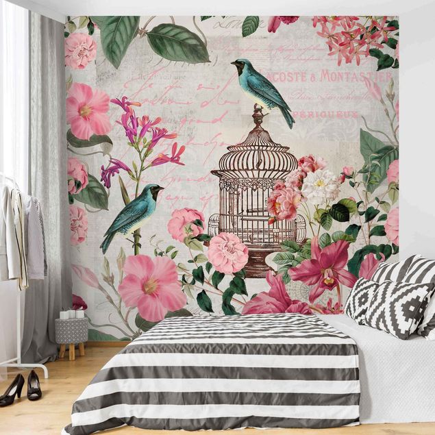 Carta parati adesiva Collage Shabby Chic - Fiori rosa e uccelli blu