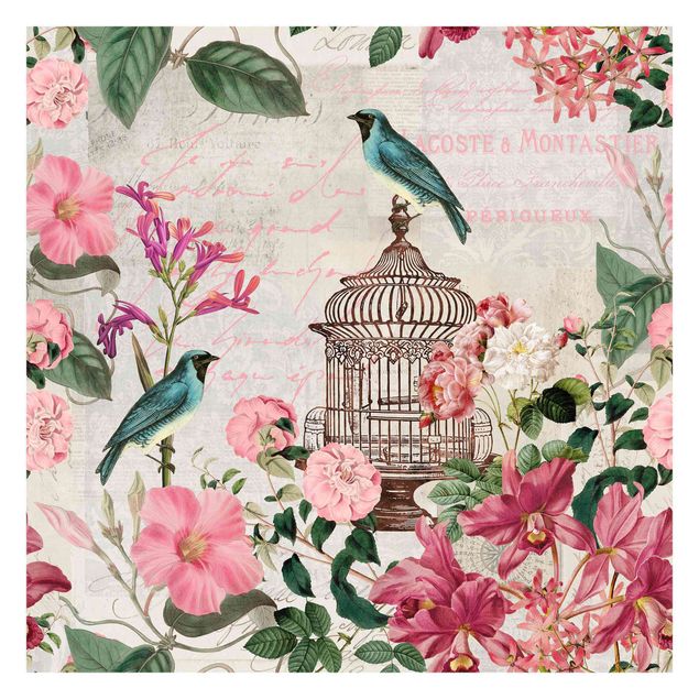 Carta parati vintage Collage Shabby Chic - Fiori rosa e uccelli blu