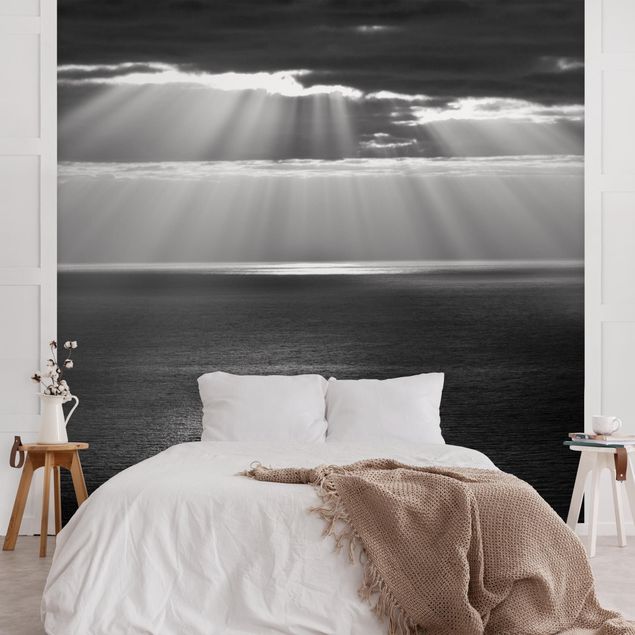 Carta da parati 3d mare Raggi di sole sul mare in bianco e nero