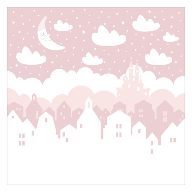 carta da parete Cielo stellato con case e luna in rosa