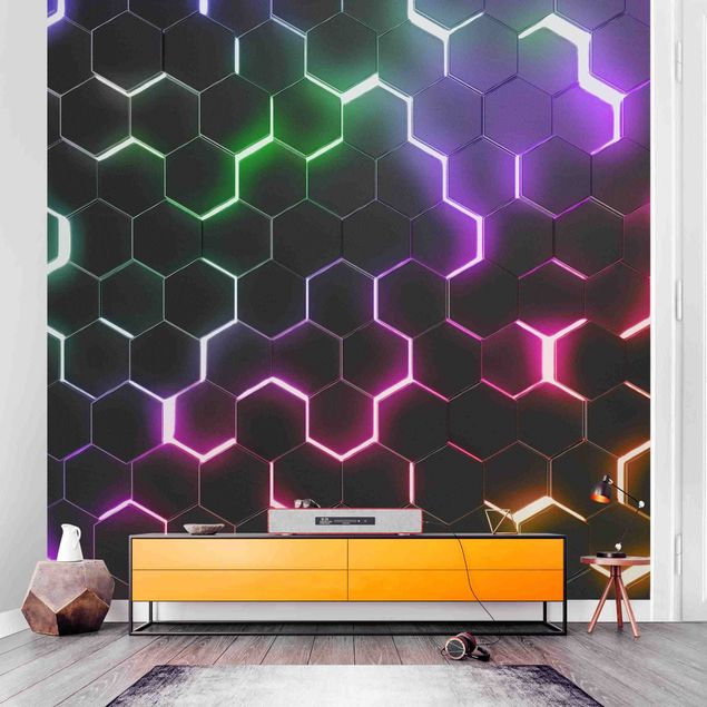 Carte da parati adesive Hexagonal Pattern With Neon Light