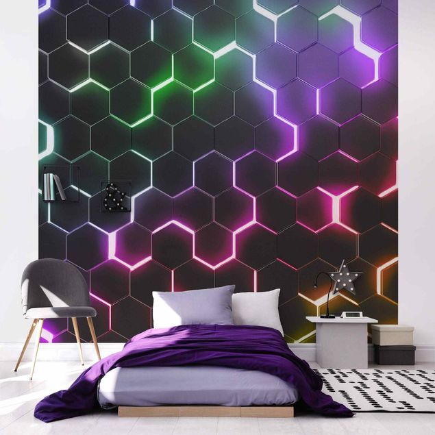 Carta da parati tnt Hexagonal Pattern With Neon Light