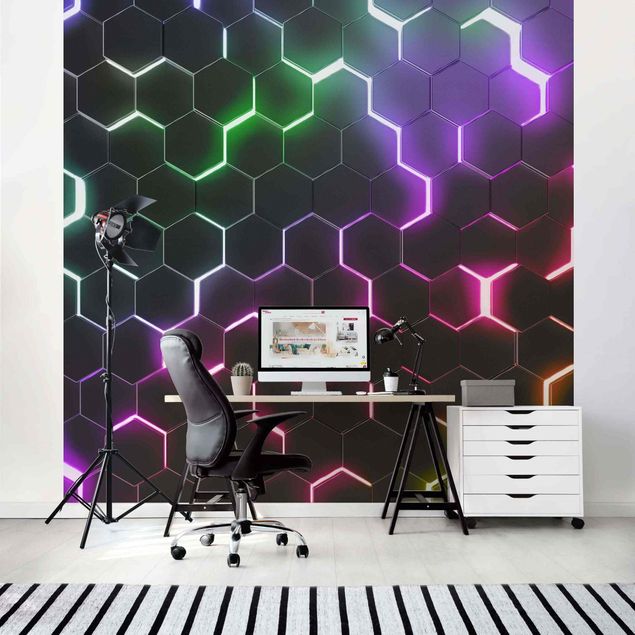Carta da parati 3d Hexagonal Pattern With Neon Light