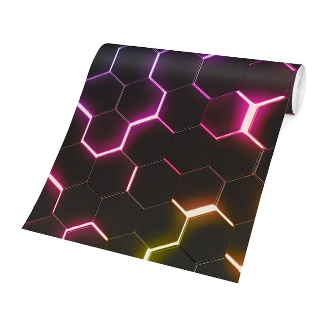 Carta da parati moderna Hexagonal Pattern With Neon Light