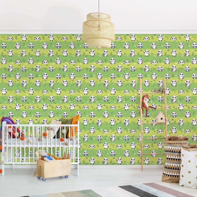Decorazioni camera neonato Carta da parati verde con dolci panda