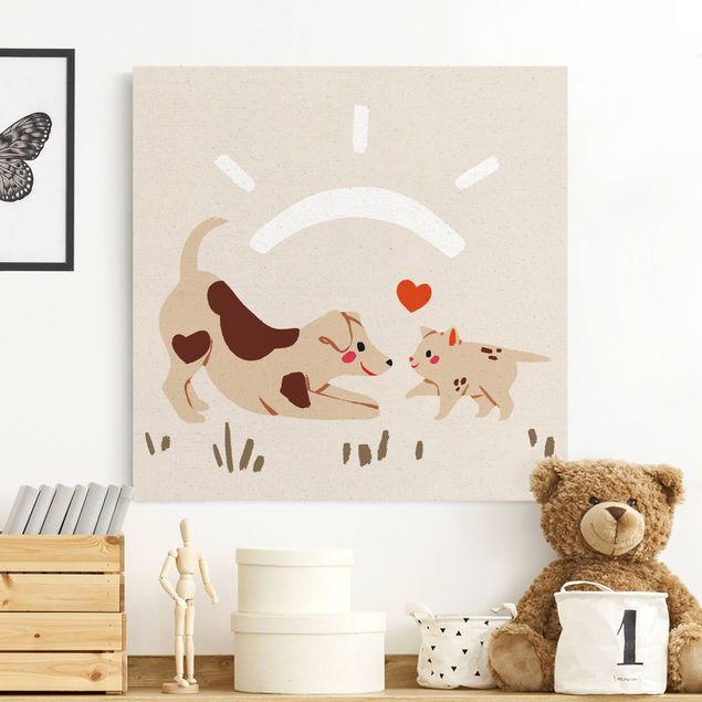 Quadri su tela con cani Illustrazione Dolce Animale - Gatto e cane