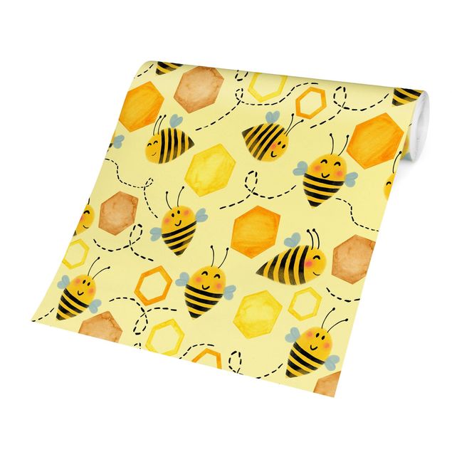 Carte da parati gialle Dolce miele con api illustrazione