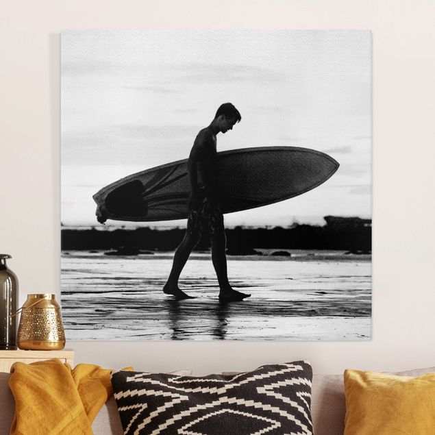 Quadri su tela con spiaggia Ragazzo surfista in ombra di profilo