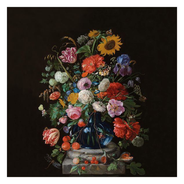 Carte da parati moderne Jan Davidsz de Heem - Tulipani, un girasole, un'iris e altri fiori in un vaso di vetro sulla base di marmo di una colonna