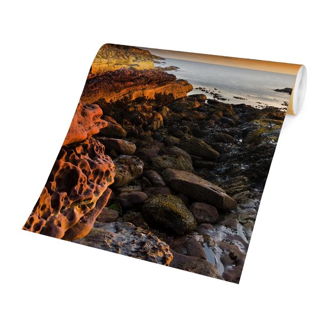 Carta da parati spiaggia Faro di Tarbat Ness e tramonto sull'oceano