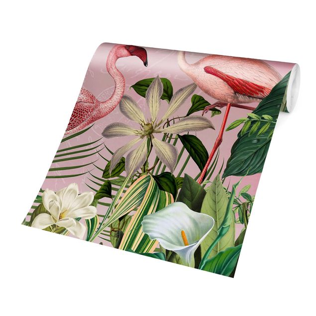 Carta da parati moderne Fenicotteri tropicali con piante in rosa