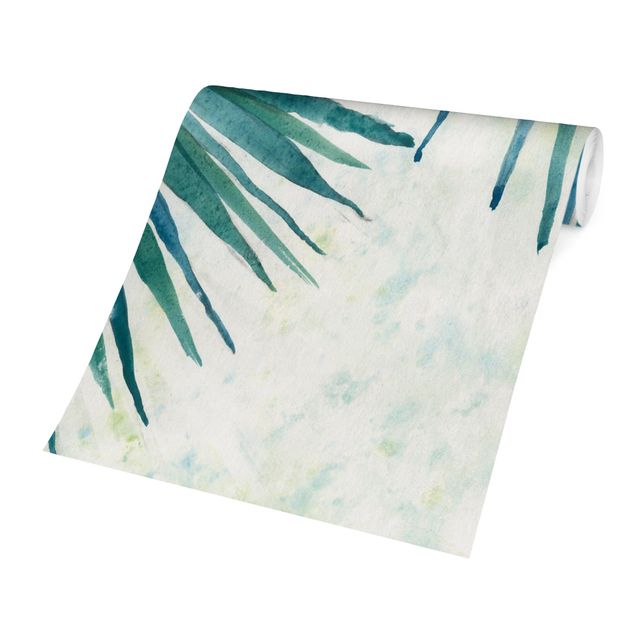 Carte da parati blu Foglie di palma tropicale Primo piano