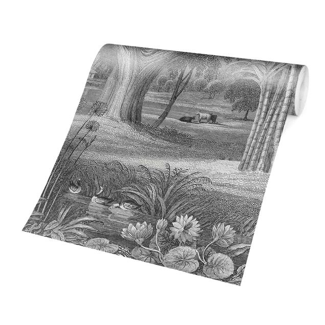Carta da parati floreale Incisione tropicale in rame con laghetto in grigio