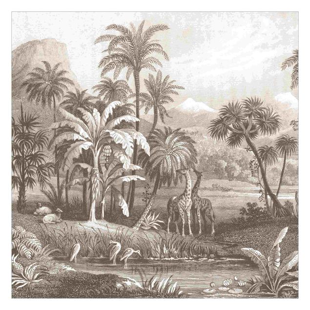 Carta da parati moderne Incisione tropicale in rame con giraffe in marrone