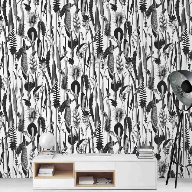 carta da parete Motivo di lusso tropicale in bianco e nero