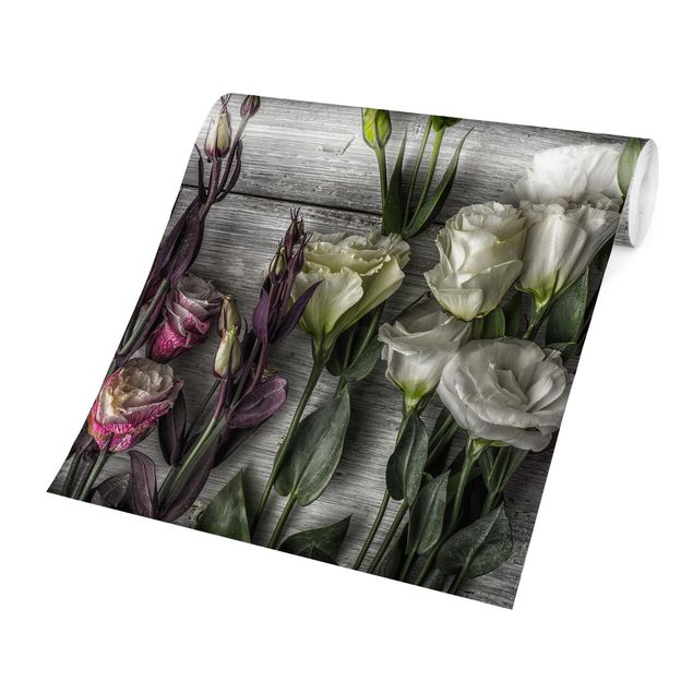 Carte da parati floreali Tulipano Rosa su Legno Shabby