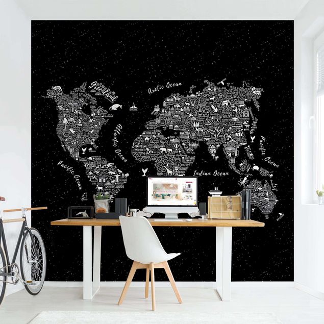 Carte da parati adesive Tipografia - Mappa del mondo nero