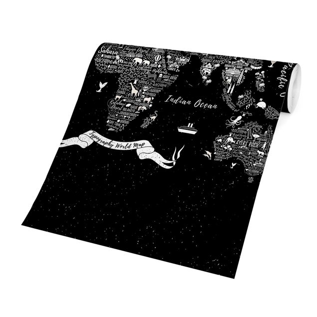 Carte da parati mappamondo Tipografia - Mappa del mondo nero