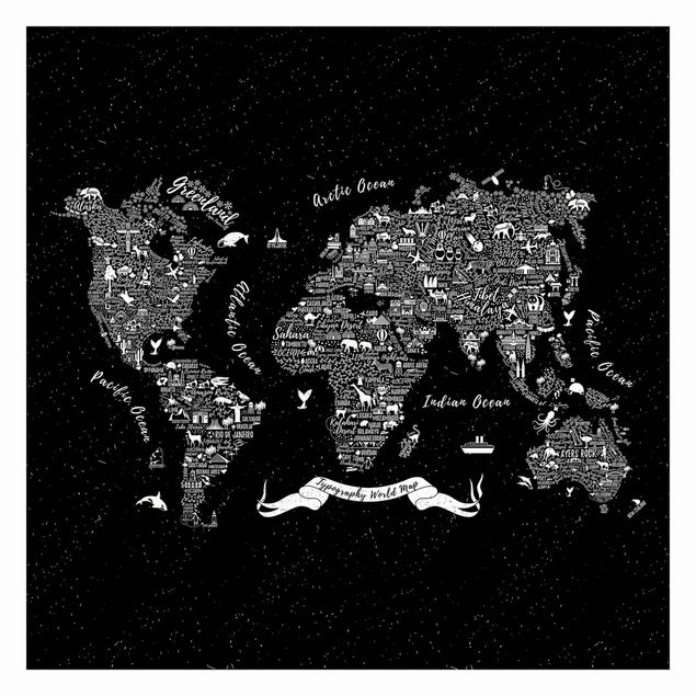 Carta da parati bianco e nero  Tipografia - Mappa del mondo nero