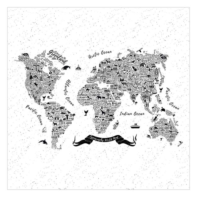 Carta da parati bianco nero Mappa del mondo - tipografica bianca