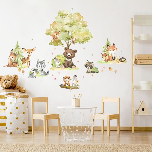 Adesivi murali con gufi Amici animali della foresta acquerello