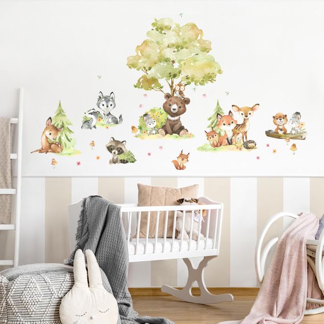 Adesivi murali con orsi Amici animali della foresta acquerello