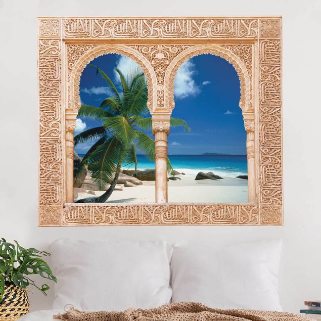 Autocolantes de parede palmeiras Finestra decorata spiaggia da sogno