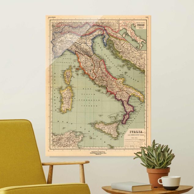 Quadri in vetro con mappamondo Mappa vintage Italia