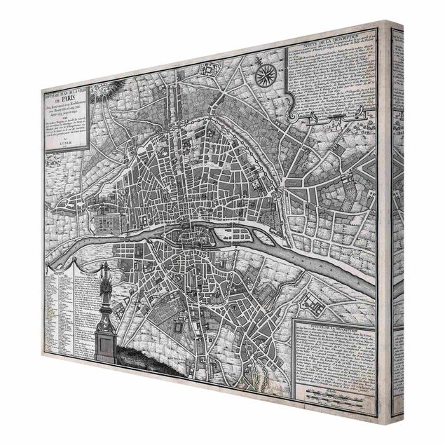 Quadro grigio Mappa vintage della città di Parigi intorno al 1600