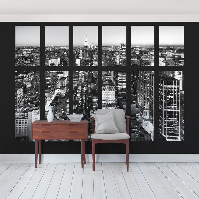 Carta da parati moderne Vista dalla finestra Skyline di Manhattan in bianco e nero