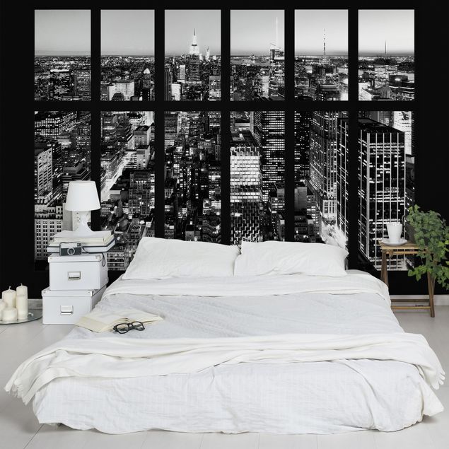 Carta parati adesiva Vista dalla finestra Skyline di Manhattan in bianco e nero