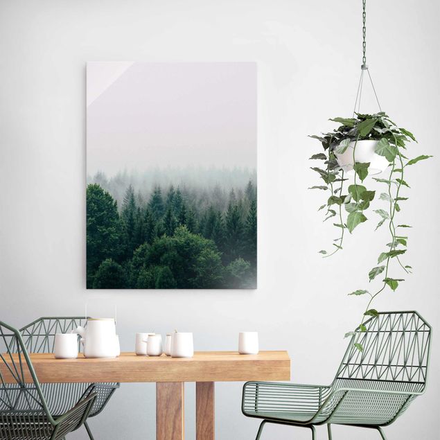 Quadri in vetro con paesaggio Foresta nebbiosa crepuscolo