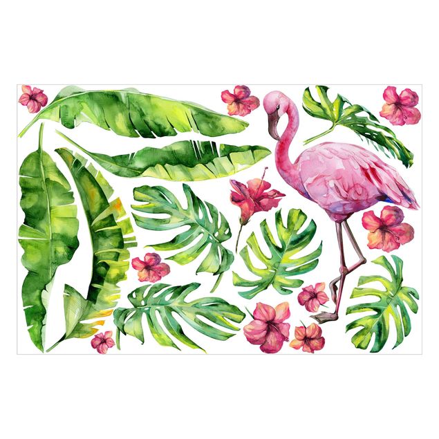 Stickers murali animali Set di foglie botaniche Jungle Flamingo