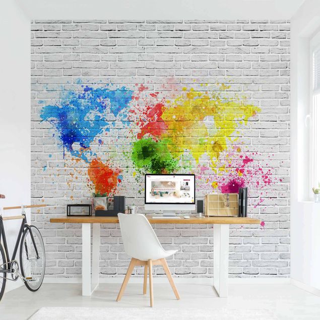 Carta da parati mattone Muro di mattoni bianchi Mappa del mondo