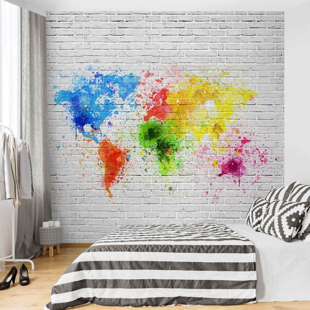 Carte da parati effetto pietra Muro di mattoni bianchi Mappa del mondo