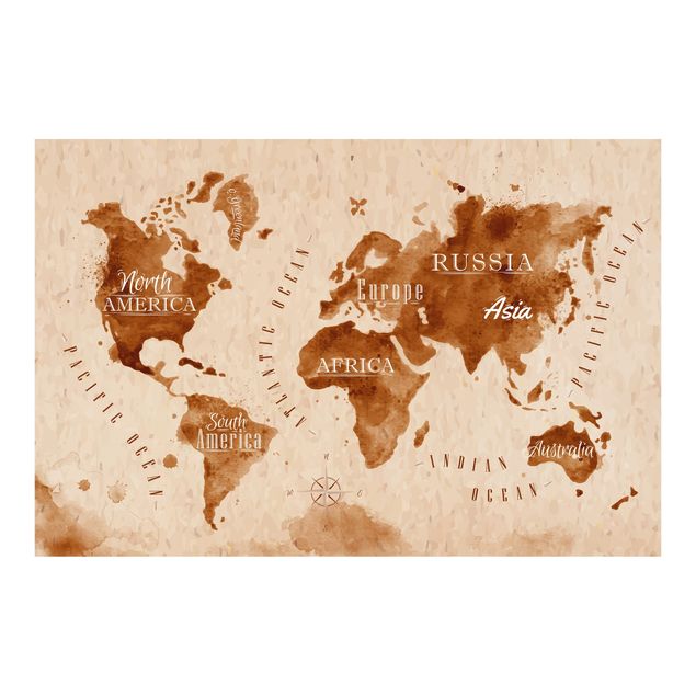 carta da parete Mappa del mondo Acquerello Beige Marrone