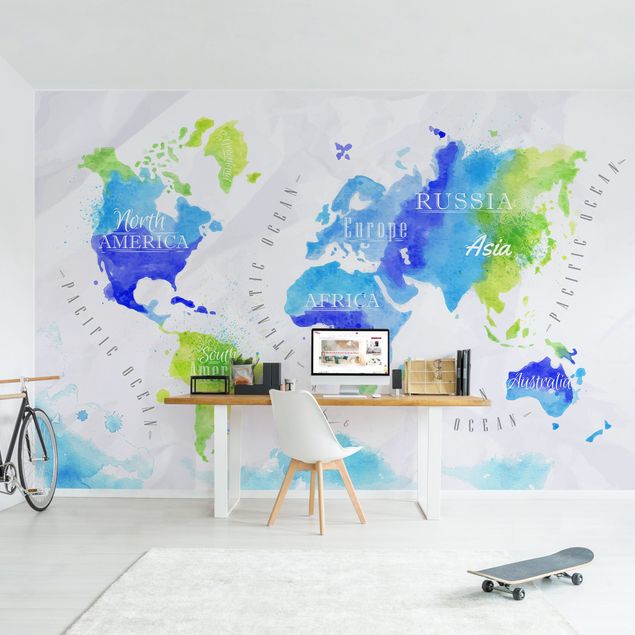 Carta parati adesiva Mappa del mondo Acquerello Blu Verde