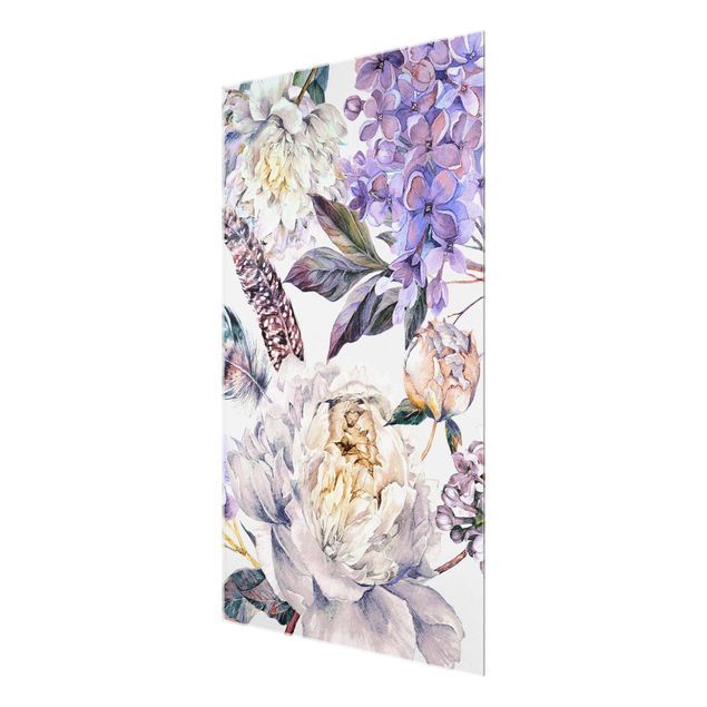 Glas Magnettafel Delicato motivo di fiori e piume Boho in acquerello