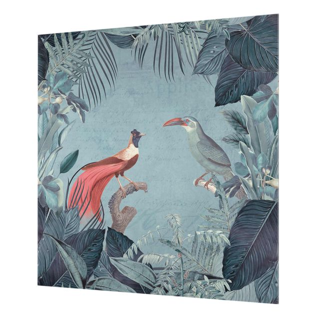 Decorazione cucina Paradiso grigio blu con uccelli tropicali