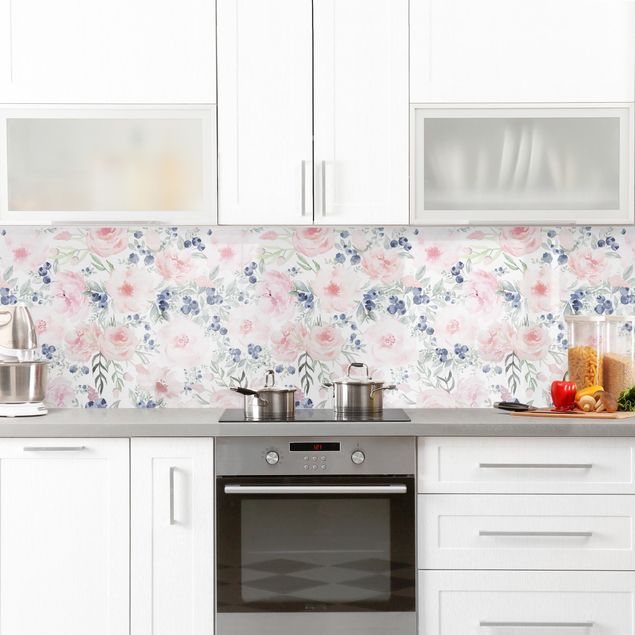 Rivestimento cucina con disegni Rosa Rose Con I Mirtilli Contro Bianco