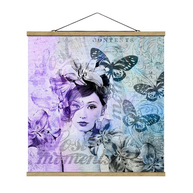 Riproduzione quadri famosi Collage Shabby Chic - Ritratto con farfalle