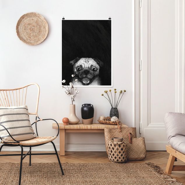 Quadri moderni bianco e nero Illustrazione - cane carlino pittura su bianco e nero