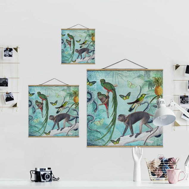 Quadri Andrea Haase Collage in stile coloniale - Scimmie e uccelli del paradiso