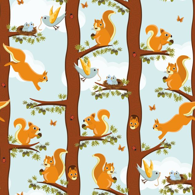 Pellicola adesiva per muro Motivo per bambini con scoiattoli e uccellini
