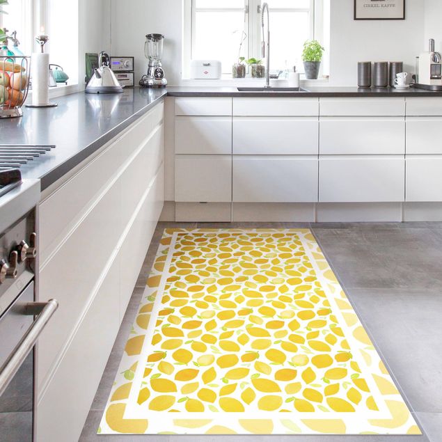 tappeto design moderno Limoni ad acquerello con foglie e cornice