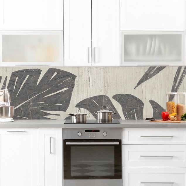 Rivestimento cucina con disegni Foglie di palma grigio chiaro