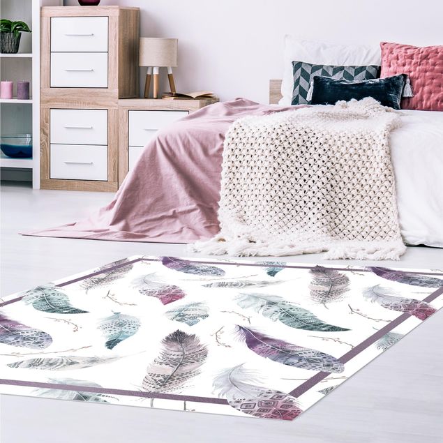 tappeto viola Piume ad acquerello in stile bohémien nei colori melanzana e petrolio con cornice