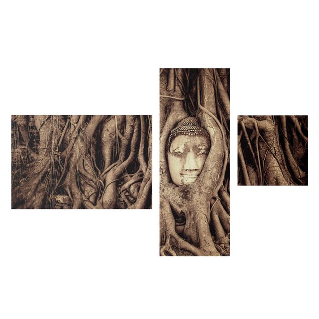 Stampa su tela 3 parti - Buddha in Ayutthaya from tree roots lined in brown - Collage 2
