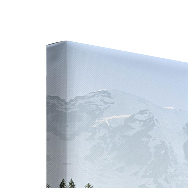 Quadri moderni per arredamento Prato di montagna con fiori blu davanti al monte Rainier