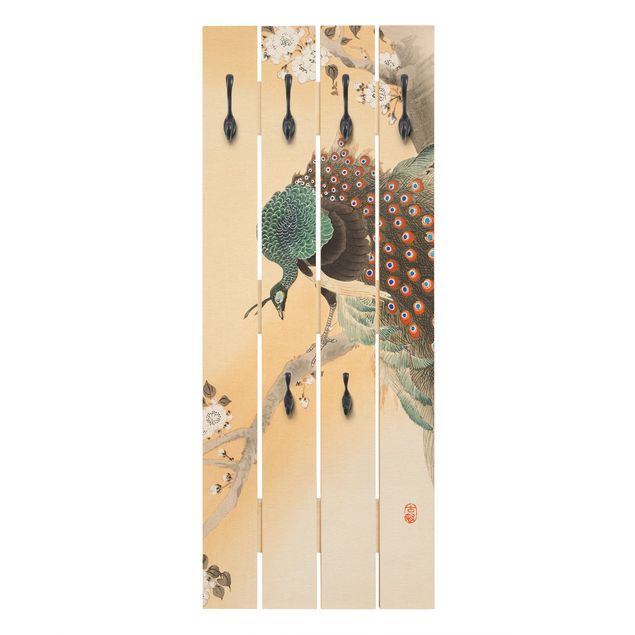 Appendiabiti pannello giallo Illustrazione vintage di pavone asiatico II